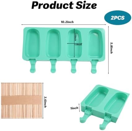 Popsicles Molds, 2Pcs Homemade Cake Pop Molds with Wooden Popsicles Sticks, Reusable Silicone Ice Pop Cream Cakesicle Maker Mold 4 Cavities for Home DIY Craft, Green
