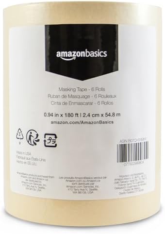 Amazon Basics Masking Tape for Light Duty Applications, Labeling, Easy Removal, Tears by Hand, 0.94" x 180', Beige, 6 Rolls