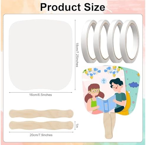 LOTMER 50 Sets Church Fans Handheld Kit | 100 Blank Cardstock Fan Sheets and 50 Wavy Wooden Sticks for DIY Painting, Custom Fans, Church Events and Craft Projects