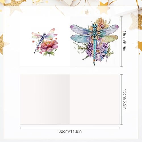AiYuanzsh 6 Pack Diamond Art Greeting Card Kits with Envelope – Dragonfly Design Floral Crystal Rhinestone Birthday & Holiday Cards, DIY Postcards for Christmas, Thanksgiving, and Gifts