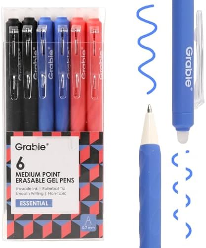Grabie Erasable Gel Pens, 6 Pack Black Blue Red 0.7 mm Medium Point | Heat-Sensitive Erasable Ink, Retractable Clip Design, Clean Erasing, Smooth Writing, Comfortable Grip, Quick Drying