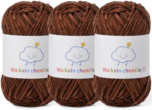 Skinny Chenille Yarn for Crocheting, 3 Pack of 1.75 oz/109 yds Amigurumi Yarn&Baby Yarn for Crocheting Soft, Fluffy Fingering Weight Velvet Yarn for DIY Crafts&Baby Blankets.(3 Coffee)