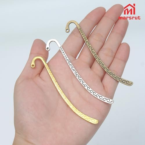 60pcs Metal Bookmark Hooks with Beaded Blanks, Vintage Retro Beading Line Tibetan Carving Pattern Alloy Hook Bookmarks with Hole for Stationery, Reading Enthusiasts, Teacher, DIY, Gifts