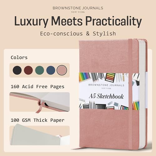BROWNSTONE JOURNALS A5 Sketch Book Hardcover - 80 Sheets 100 GSM Paper | 5" x 8", Lay Flat, Vegan Leather Cover, Elastic Band, Back Pocket, Compact Art Drawing Book for Adults & Students