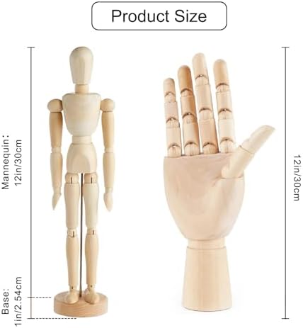 2 Pack 12" Drawing Mannequin,12" Hand Model,Wooden Manikin Body Figures Gifts for Artists,Poseable Art Mannequin Figure Dolls,Wood Statue Sculpture Decor Animation Drawing Tools