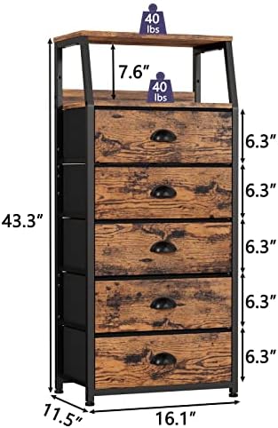 Furnulem Dresser for Bedroom, 5 Drawers Tall Nightstand, Chest of Drawers