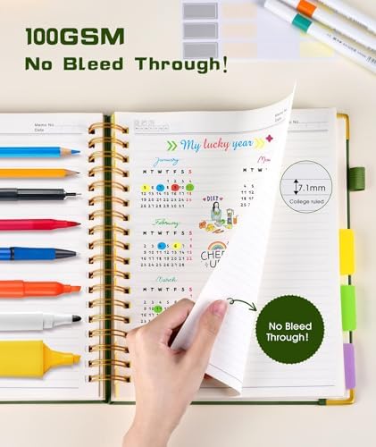 Hardcover Spiral Notebook journal with Removable Dividers Tabs, 300 Pages Leather 5 Subject Notebook College Ruled, 100GMS A5 Notebooks for Work School Note taking,Lined Journal for Women,A5-Green