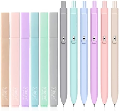 Vitoler Aesthetic Highlighters & Black Gel Pens 12 Pack,No Bleed | Fast Drying Pens for Teacher Nurse Bible Journaling Planner Mothers Day Gifts