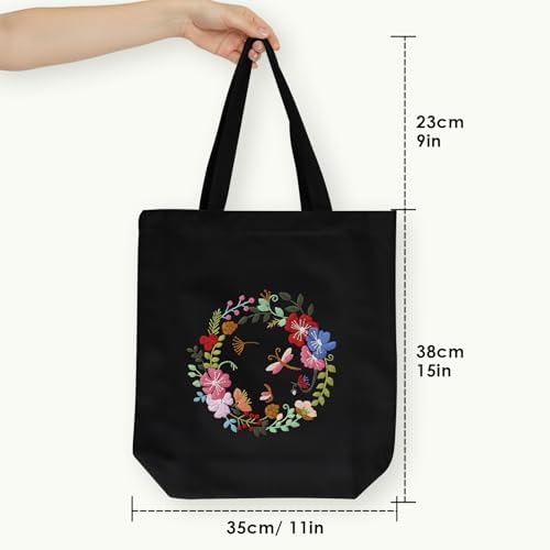 ERKOON Canvas Tote Bag Embroidery Kit for Beginners, Floral Arts Crafts Cross Stitch Kits for Adults Including Stamped Embroidery Bag with Hoops, Needle, Instruction and Color Threads(Wreath)