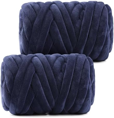 Chunky Yarn for Hand Knitting- Velvet Chenille Tube Yarns- Jumbo Yarns for Blankets, Pet Beds, Machine Washable (0.66 Lb/18.59 Yd), Easy No-Tool Arm Knitting & Crochet Project (2, Dark Blue)