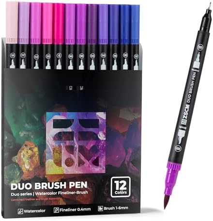 ZSCM QUALITY DECIDES THE FUTURE Purple Duo Tip Marker Pens, 12 Fine & Brush Tip Pen For Adult Coloring Books