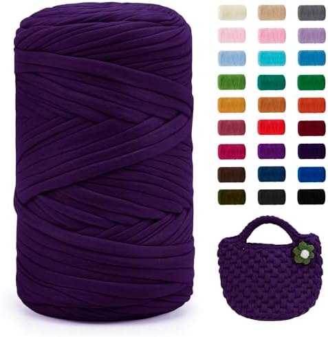 JeogYong T-Shirt Yarn, 400g/131 Yards Elastic Fabric Crochet Cloth T Shirt Yarn, Thick Hand Knitting Polyester Fabric Ribbon for Crocheting Bags/Baskets/Rugs, Home Decor, DIY Crafts (Violet)