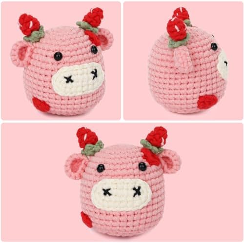 Crochet Kit for Beginners Adults - Cow Starters Crocheting Animal Kits for Teen, DIY Craft Birthday Gift with Crochet Yarns, Hook, Step-by-Step Video, Instruction and Crochet Accessories