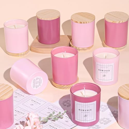 12Pcs Assorted Pink Candle Jars for Making Candles, 10oz Empty Jars with Bamboo Lids and Labels, Glass Candle Jars for Candle Making Supplies, Candle Containers for DIY Gifts