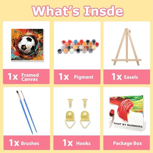 hkejoi Soccer Paint by Numbers Kit for Kids, Soccer Paint by Number for Kids Framed and Easel, Painting by Numbers, Easy DIY Crafts for Gift Home Wall Decor 8x8 in