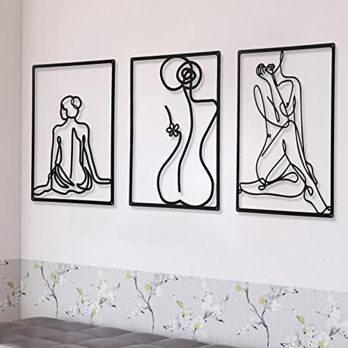 CHENGU 3 Pieces Metal Minimalist Abstract Woman Wall Art Line Drawing Wall Art Decor Single Line Female Home Hanging for Kitchen Bathroom Living Room