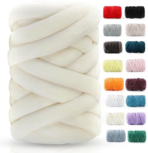 Chunky Yarn for Hand Knitting- Velvet Chenille Tube Yarns- Jumbo Yarns for Blankets, Pet Beds, Machine Washable (0.66 Lb/18.59 Yd), Easy No-Tool Arm Knitting & Crochet Project Yarn (Milky White)