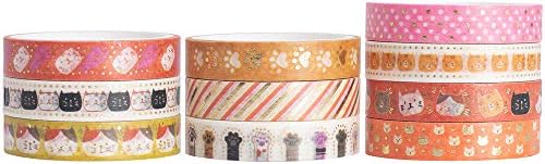 YUBBAEX 10 Rolls Sparkling Washi Tape Set 8mm Skinny Gold Foil Decorative Masking Washi Tapes for Journal,Scrapbook, Planner, DIY Crafts (Sweety Kittens)