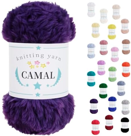 CAMAL Soft Faux Fur Yarn for Crocheting Blanket, 65 Yards Chunky Eyelash Yarn for Knitting Hats, 100 Grams Fuzzy Velvet Crochet Thread for Dolls, Earmuffs, Bags (Purple)