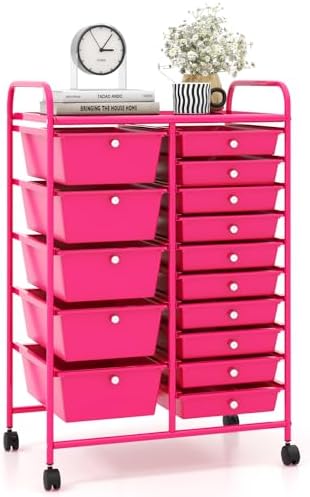 Giantex 15 Drawers Rolling Cart, Classroom Organizers, Storage Cart with Wheels, for Teacher Office Home School Supplies Tool Craft Art Paper