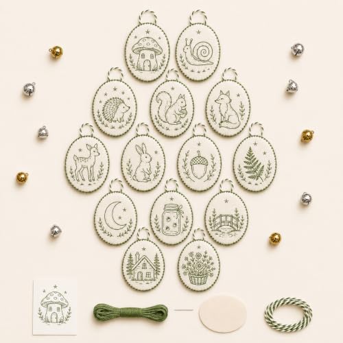 Beginner-Friendly DIY Heirloom Oval Embroidery Ornament Kit Collection, Christmas Embroidery Kit, Threads & Tools, Complete Craft Kits for Adults, Xmas Tree Hanging Decor (Woodland)
