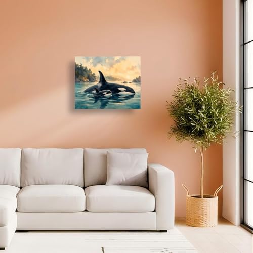 ENTORLAB Marine Wildlife Digital Painting Kit for Adults - DIY Orca Whale Family Oil Painting on Canvas 8X12IN Framed, Acrylic Paint Kit, Good for Beginners, Coastal Home Decor or Gift Artwork