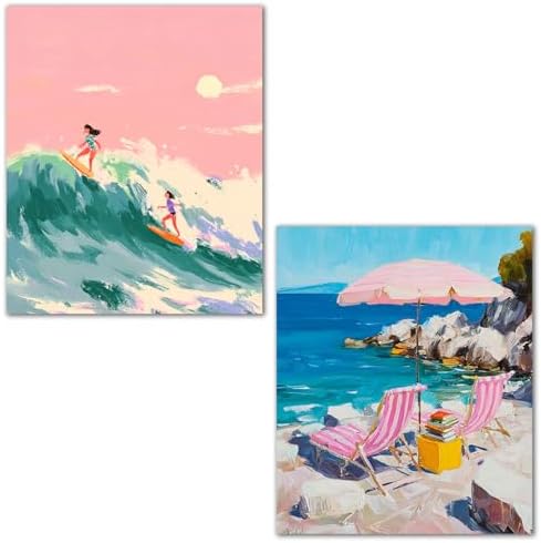 XUNLURY Pink Pastel Coastal Diamond Art Kits 2 Pcs, Summer Beach Umbrella Surfer Girls Diamond Painting Kits for Adults Beginners, Full Drill Diamonds Dots for Home Decor, 9.8x11.8 Inch