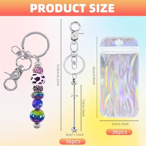 72 Pcs Beadable Keychains Bars bulk - 36 Silver DIY Metal Beaded Keychain Making Kit + 36 Bags Included, Bead Keychain Supplies,Blank Key Chain, Perfect for Women, Men, Mother's Day, Birthday Gift