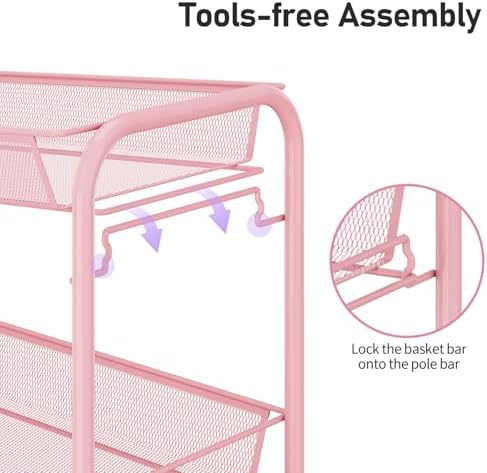 TOOLF 3 Tier Rolling Cart, Metal Utility Storage Cart with Wheels, Pink | 3 Hooks, Screwless Assembly, Trolley Organizer for Bathroom, Kitchen, Office, Nursery, Dorm, Laundry Room