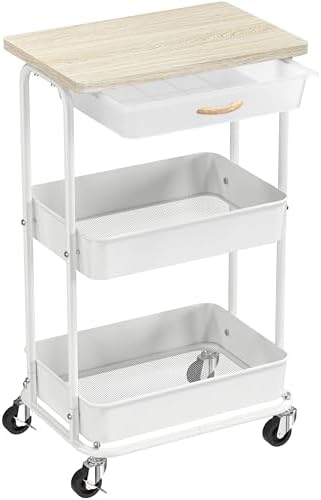 Simple Houseware 3-Tier Rolling Utility Cart with Drawer & Wood Top, Maple