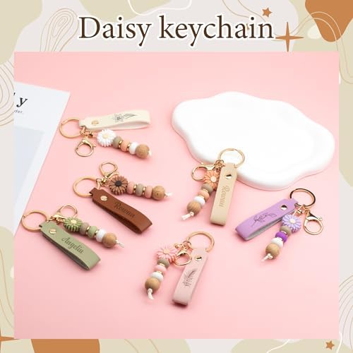 Starry 12/24PCS Daisy PU Leather Beadable Keychain Blanks Bulk Laser Engraving Blanks Keychain Kit Bag Purse Key Rings DIY