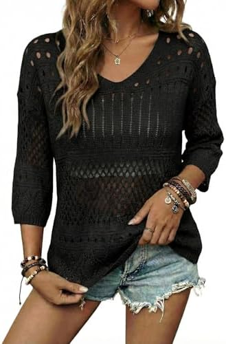 EVALESS Crochet Tops for Women Hollow Out Knit Sweaters
