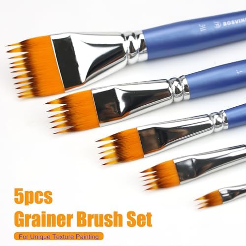 5PCS Grainer Brush Set – Flat Comb Rake Brushes for Acrylic Painting, Oil & Watercolor, Dual Layer Texture Paint Brushes for Wood Grain, Fur, Grass Effects, Short Handle