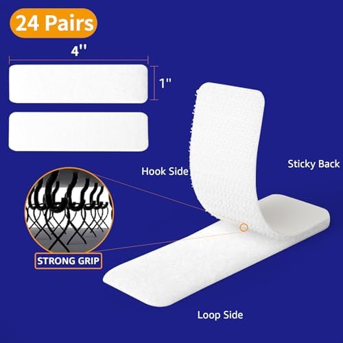 24 Sets 1 x 4 inch Adhesive Hook and Loop Fastener Strips, Heavy Duty, Strong Back Adhesive, Double-Sided Hook and Loop for School, Classroom, Office, and Home Use, White