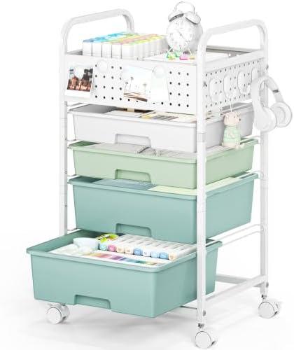 4 Drawer Rolling Storage Cart with Pegboard Top and Hooks, Gradient Green