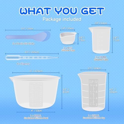 Silicone Resin Mixing Measuring Cups for Resin Supplies, 600ml/20oz Bowl, 250 & 100ml Thickened Reusable Silicone Cups for Epoxy Mixing, with Stir Sticks and Pipettes, Jewelry Making