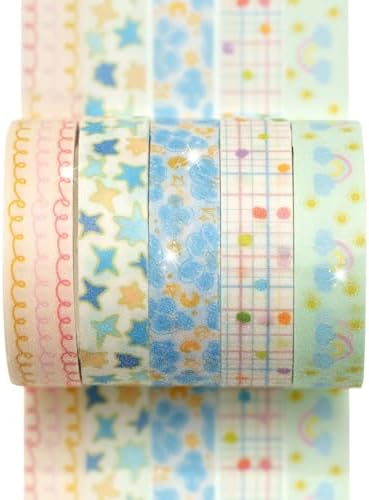 Cute Pattern Washi Tape Set 5 Rolls Glitter Cover Decorative Wide Kawaii Masking Tapes for Arts, DIY Crafts, Journals, Planners, Scrapbook, Wrapping (5 Soft Rainbow)