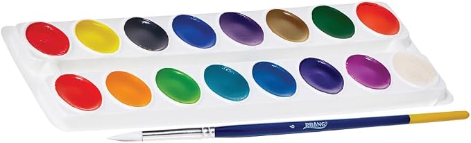 Prang Washable Semi-Moist Watercolors Oval Pan Set with Size 6 Paintbrush, Non-Refillable, 16 Assorted Colors, Pack of 6