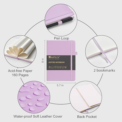 &And Per Se Dotted Notebook with Pen, A5 Hardcover Dotted Journal, 160 Pages 100GSM Thick Paper Dot Grid Journal with Fineliner Pen (Purple)