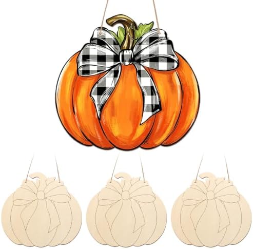 Unfinished Fall Wreaths Wood Crafts to Paint Set of 3, 11" Bulk Autumn Pumpkin Wreath Ornaments for Painting, Unfinished Wood Cutouts DIY Ornaments for Front Door with Ropes