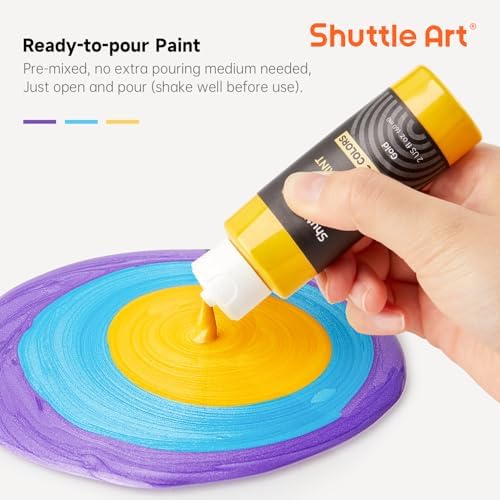 24 Pack Metallic Acrylic Pouring Paint, Shuttle Art 23 Metallic Colors Ready-to-pour Acrylic Paint with 1 Silicon Oil, 60ml/2oz Each, Rich Pigment, High Flow Pouring Paint Set for Canvas, Rock, Ceramic, Wood