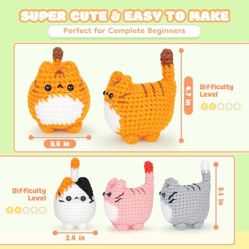 Crochet Kit for Beginners-4PCS Cat Crochet Kits for Adults, Teacher Appreciation Gifts, Crochet Starter Kit with Step-by-Step Video Tutorials, Crochet Animals Kits DIY Craft Kit Learn to Crochet Kits