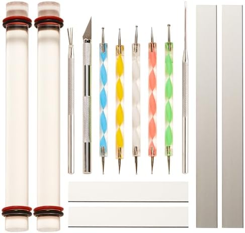 14 Pcs Polymer Clay Tools Acrylic Roller Clay Rolling Pins for Baking with Thickness Rings, Tissue Blade, Slicer Knife, Dotting Tools, Sculpting Earring and Jewelry Making Kit for Modeling and Shaping