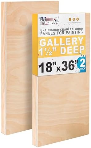 U.S. Art Supply 18" x 36" Unfinished Cradled Wood Panels for Painting | Gallery 1-1/2" Deep (2 Pack) - Artist Depth Wooden Wall Canvases - Mixed-Media Craft, Acrylic, Oil, Encaustic, Paint Pouring