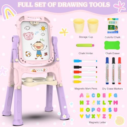Amagoing Easel for Kids, Adjustable Standing Art Easel for Toddler, Double Side White Chalk Board with Painting Accessories, Birthday Christmas Gift for Little Girls and Boy Age 3 4 5, Pink