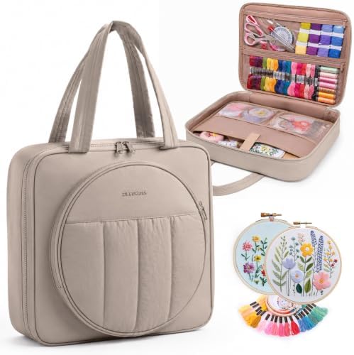 Puffy Embroidery Project Bag, Quilted Embroidery Floss Organizer for Hoops up to 11", Cross Stitch Project Storage Case for Needlepoint Project, Thread & Stitch Tools