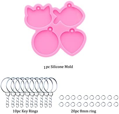 1pc Shiny 4 Cavity Pet Cat Tag Mini Cat Head/Fish/Circle/Heart Resin Silicone Molds Art DIY Handmade Charms Mold with 10PC Key Ring(DY0978)