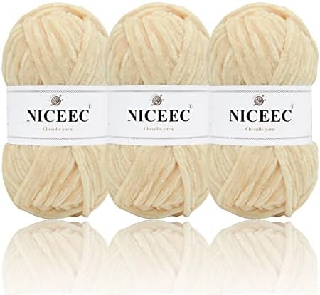 NICEEC 3 Skeins Soft Chenille Yarn 3 x85m (3X 93yds, 3X 50g)_Khaki