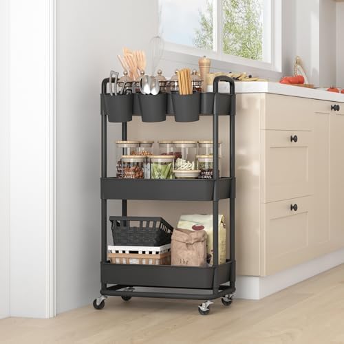 JIUYOTREE 3-Tier Plastic Rolling Storage Cart Utility Cart Black
