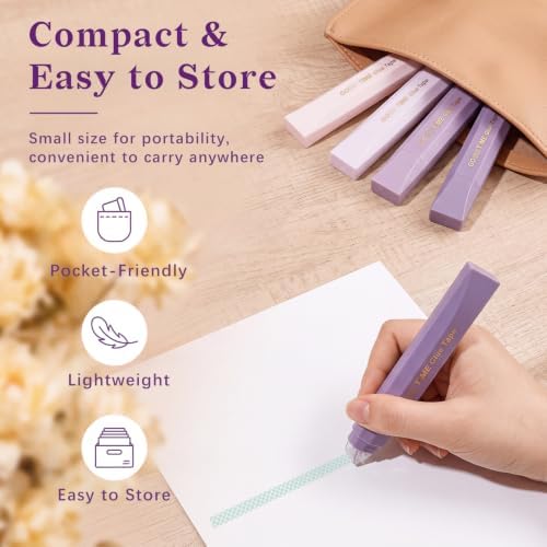 Temiary 4 Pack Double Sided Tape Pen, 16.4 Ft x 0.24 Inch Scrapbook Tape Roller for Crafts, Aesthetic Adhesive Glue Tape Pens for Scrapbooking School Office Journaling Supplies (Purple)